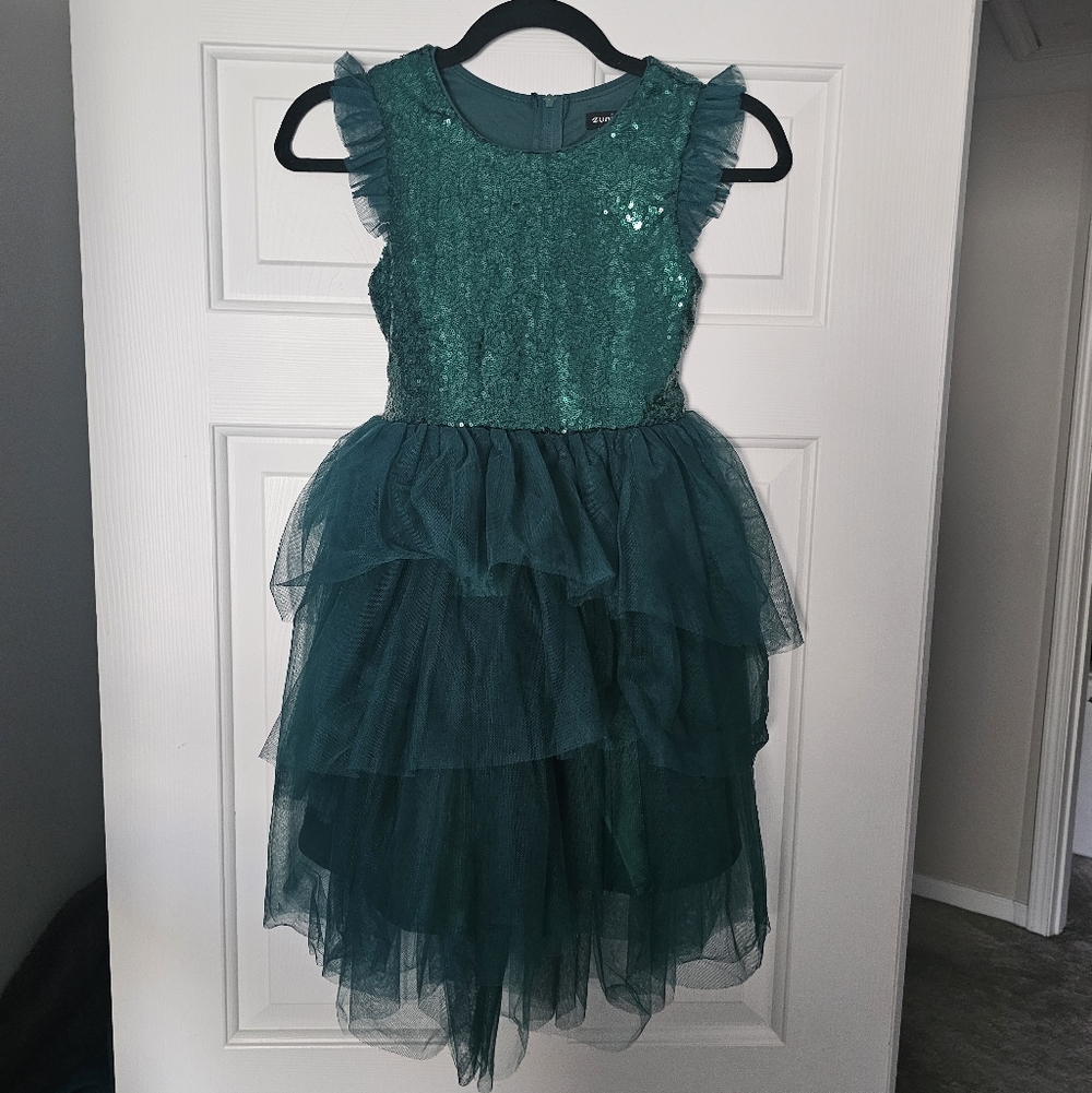 Zunie Teal Sequin Layered Tulle Dress Size 8